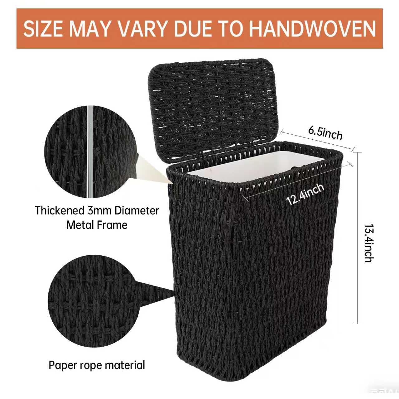 Coeusy 3 Gallon Wicker Trash Can,Small Bathroom Trash Can with Lid,Natural Water Hyacinth Wicker Waste Basket for Bedroom,Toilet,Narrow Garbage Can with Removable Liner