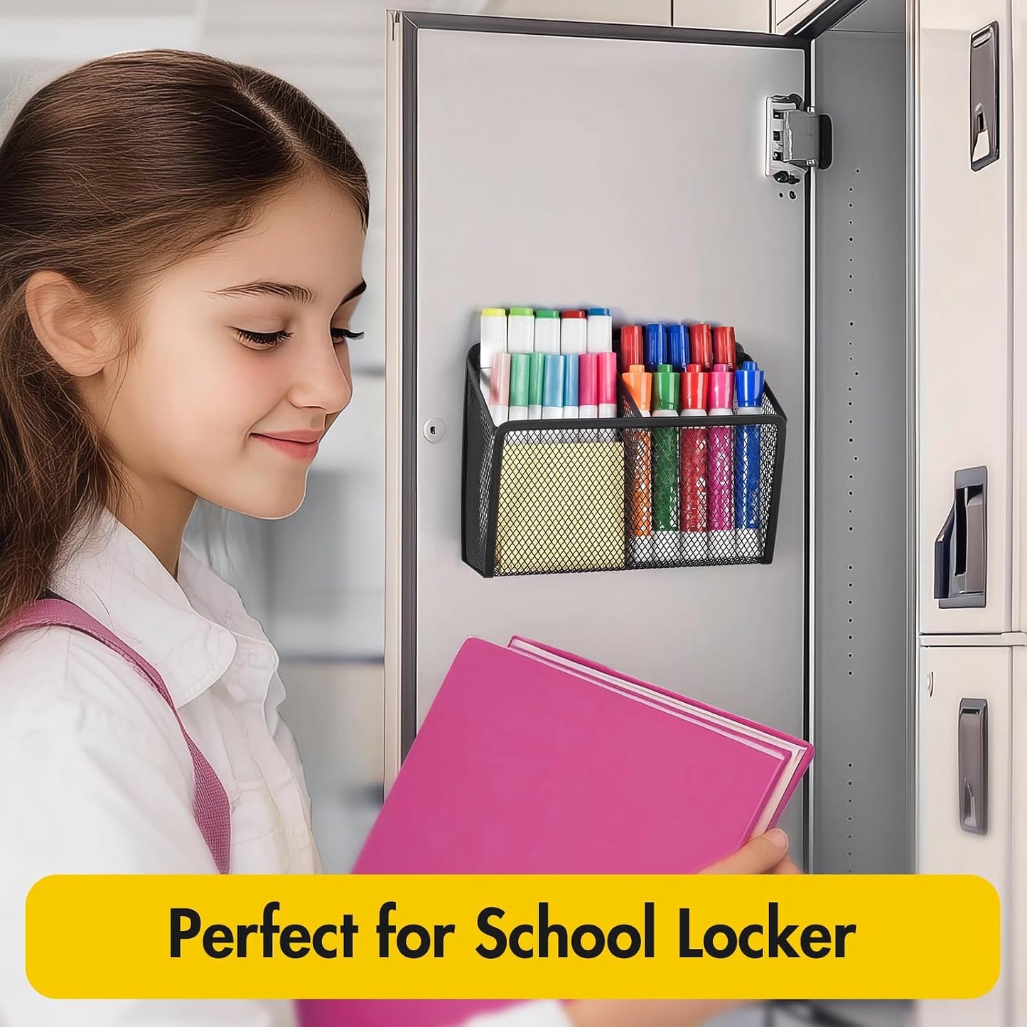 BEYGORM Magnetic Dry Erase Marker Holder for Whiteboard, Locker Organizer | Mesh Non-slip Pen & Pencil Holder for Refrigerator, Basket for Classroom, School &Office (Black, 1-Pack)