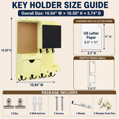 Key Holder for Wall Mount with Shelf and Mail Organizer, Key and Mail Holder with 16 Hooks, Farmhouse Entryway Organizer, Home Decor Rack (Pine Wood, White Washed)