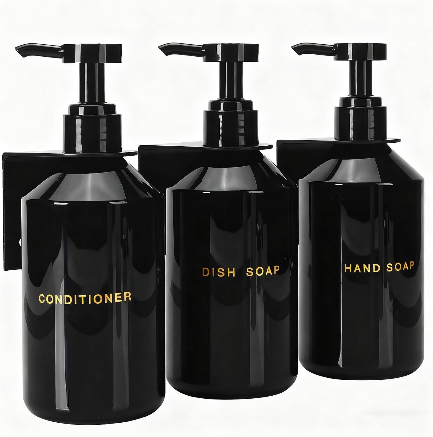 Wall Mounted Shampoo Dispenser for Shower, 3 Chamber 16.9 fl oz Each, 4CC Pump Soap Dispenser for Bathroom, Glossy Black Shampoo and Conditioner Dispenser with Crystal Labels (Brown)