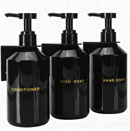 Wall Mounted Shampoo Dispenser for Shower, 3 Chamber 16.9 fl oz Each, 4CC Pump Soap Dispenser for Bathroom, Glossy Black Shampoo and Conditioner Dispenser with Crystal Labels (Brown)