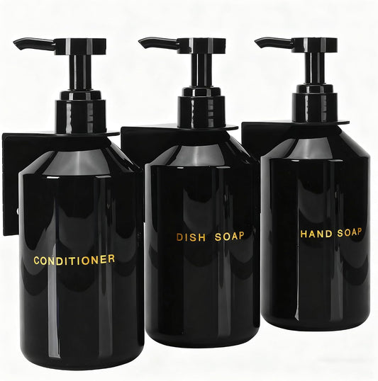 Wall Mounted Shampoo Dispenser for Shower, 3 Chamber 16.9 fl oz Each, 4CC Pump Soap Dispenser for Bathroom, Glossy Black Shampoo and Conditioner Dispenser with Crystal Labels (Brown)