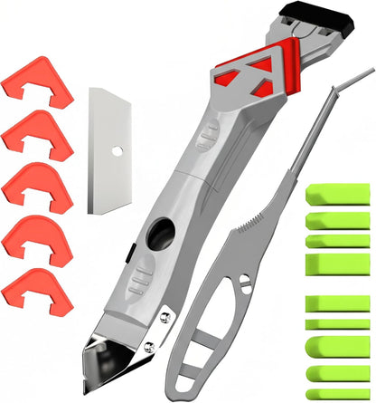 7 in 1 Caulking Tool with 5 Silicone Pads and 10pcs Caulking Tool Kit, Caulk Remover Tool with Replacement Blades and Unclogging Needle, Caulking Removal Tool for Kitchen Bathroom and Window