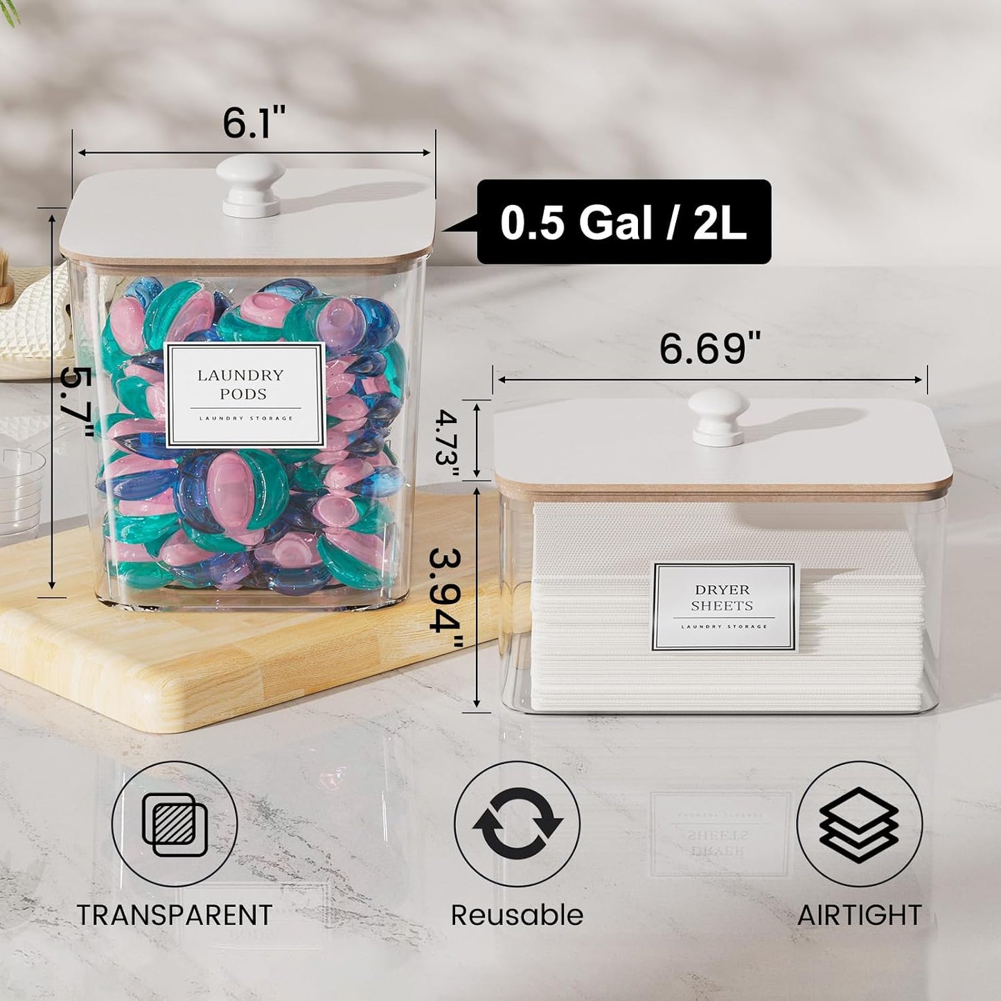 HomePekite Laundry Pods Storage Container, Clear Laundry Room Organization and Storage ,Detergent Powder Container,with Wooden Lids & Labels, 3+1 Pack