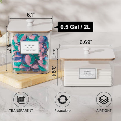 HomePekite Laundry Pods Storage Container, Clear Laundry Room Organization and Storage ,Detergent Powder Container,with Wooden Lids & Labels, 3+1 Pack