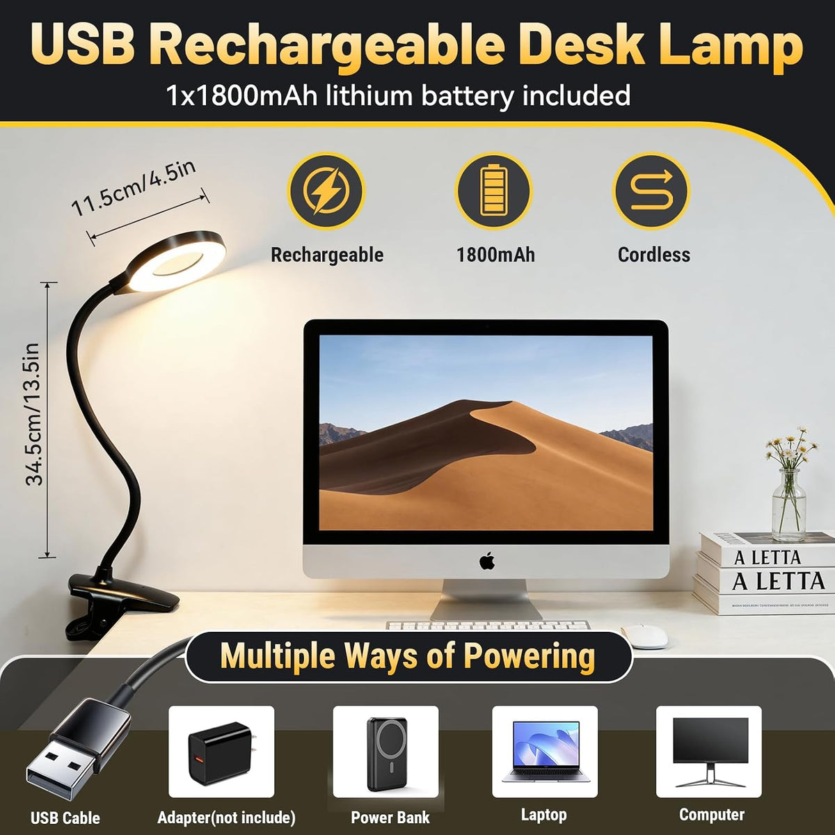 Clip on Reading Light for Bed Headboard, 5 Colors & 5 Brightness, Black
