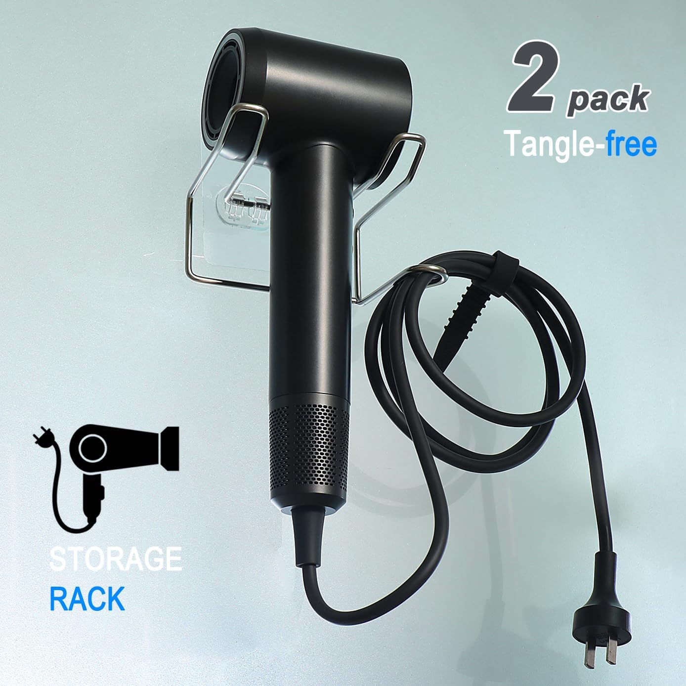 2 Pack Hair Dryer Holder, Wall Mount Self Adhesive Waterproof Blow Dryer Rack Storage Organizer Hanger, Compatible with Dyson and Most Hair Blower Appliance, Brush, Curling Iron, Straightener