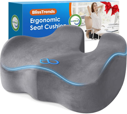 BlissTrends Memory Foam Seat Cushion for Office Chair & Car Seat, Black | 4.7in Ergonomic Tailbone & Sciatica Support with Removable Velvet Cover for Pressure Relief and Long Sitting Comfort