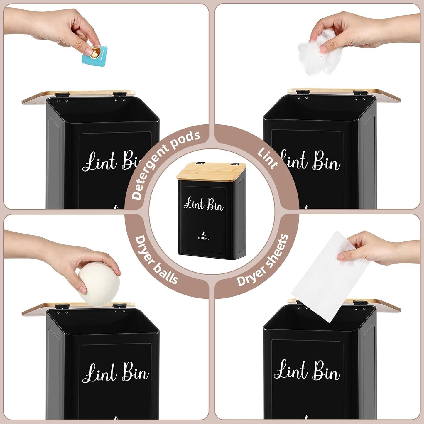 SUBEKYU Magnetic Lint Bin for Laundry Room Organization and Storage,White | Wall Mounted Metal Lint Box Holder Trash Can with Bamboo Lid for Dryer,Lint Basket for Laundry Room Decor