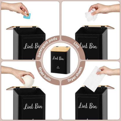 SUBEKYU Magnetic Lint Bin for Laundry Room Organization and Storage,White | Wall Mounted Metal Lint Box Holder Trash Can with Bamboo Lid for Dryer,Lint Basket for Laundry Room Decor