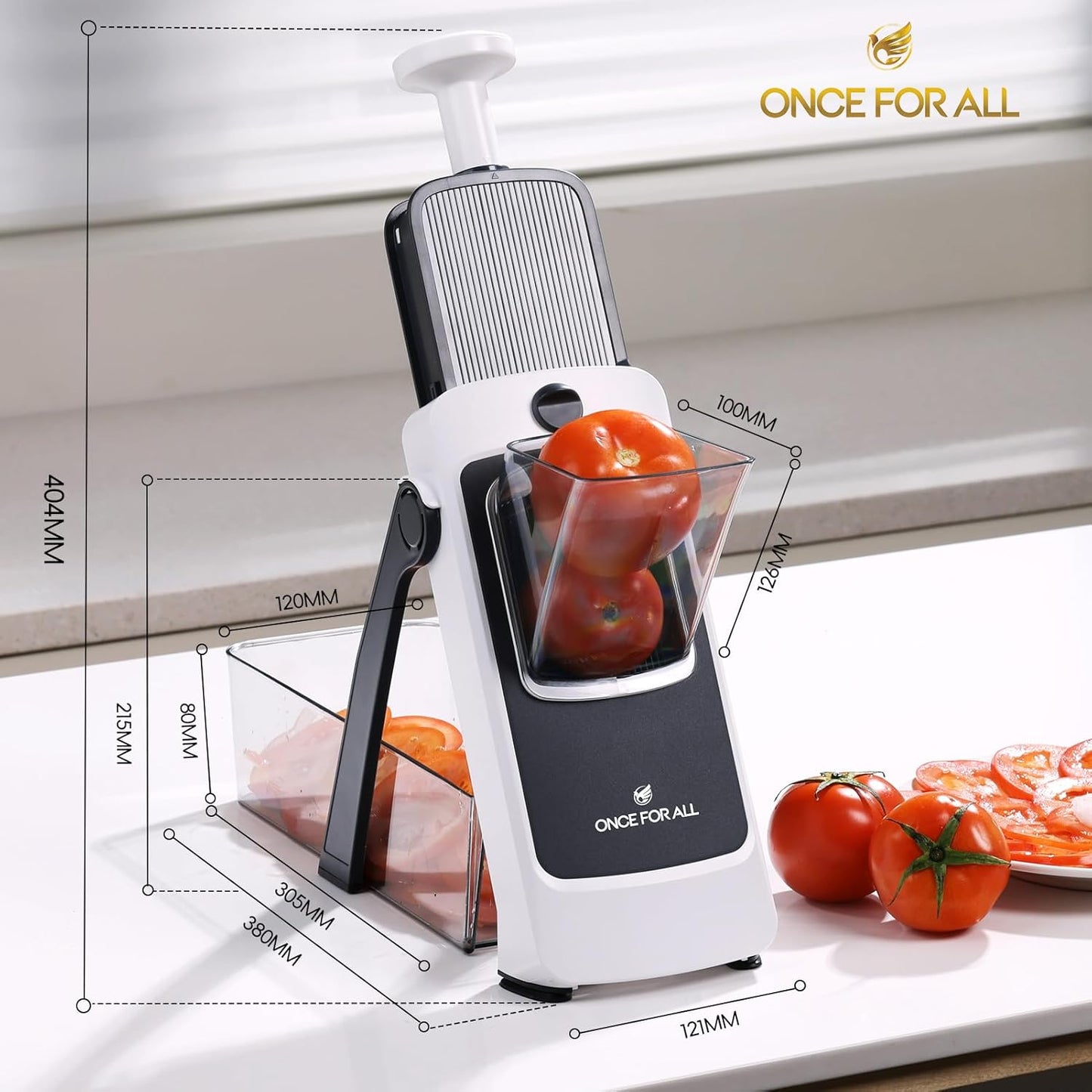 ONCE FOR ALL Safe Mandoline Slicer Plus, Bigger Size, Potato Slicer, Black | 0.1-8mm Adjustable Vegetable Food Chopper, Kitchen Mandoline Slicer Stainless Steel, Detachable Blade, Dishwasher-safe, Gift