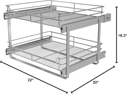 2-Tier Cabinet Pull Out Shelves, 14" W x 22" D, Chrome | Heavy-Gauge Wire Kitchen Cabinet Organizer, 100 lbs Capacity, Ball-Bearing Glides, Min 15" Opening, For Tupperware & Bowls