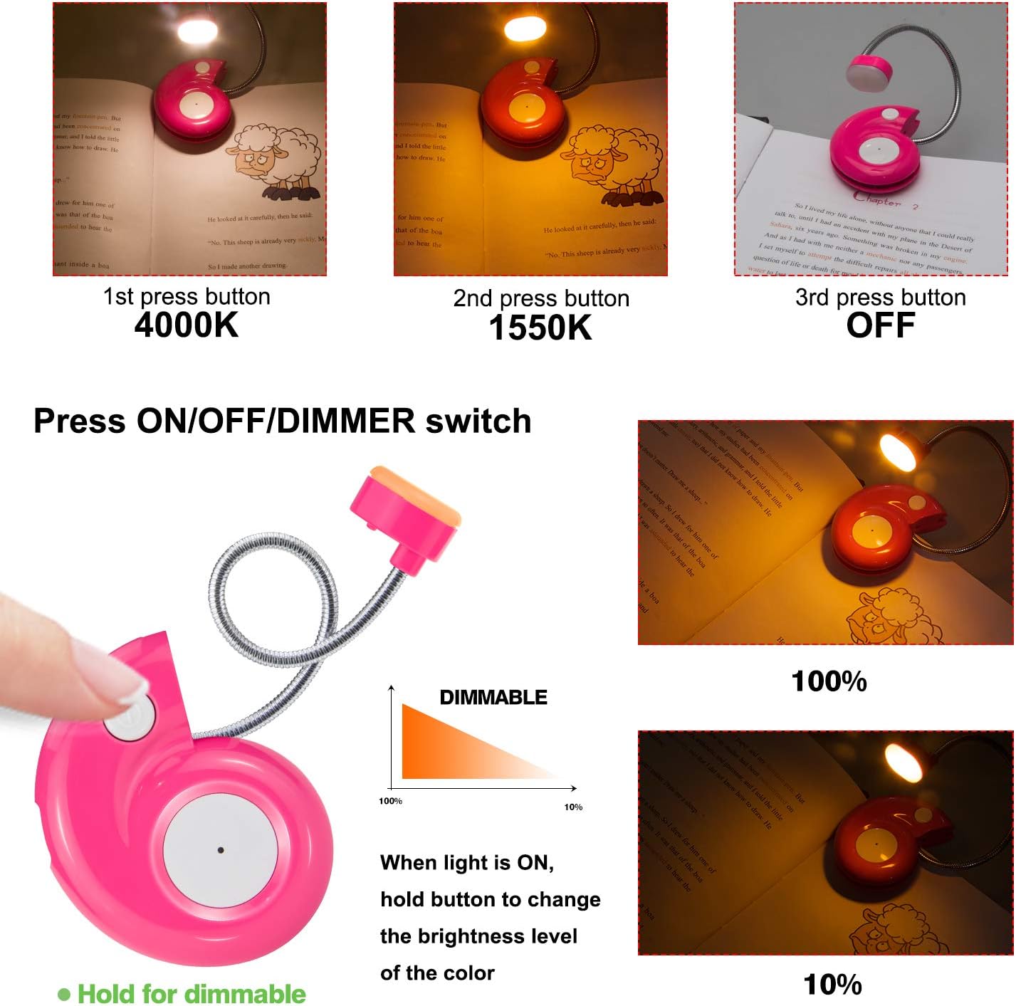 Kids Rechargeable Book Light, Clip on Reading Light for Kid, Kids Reading Lights, Amber Book Light for Reading in Bed, 2 Lighting Modes, Blue Light Blocking, Bookmark Light for Bookworms-Green