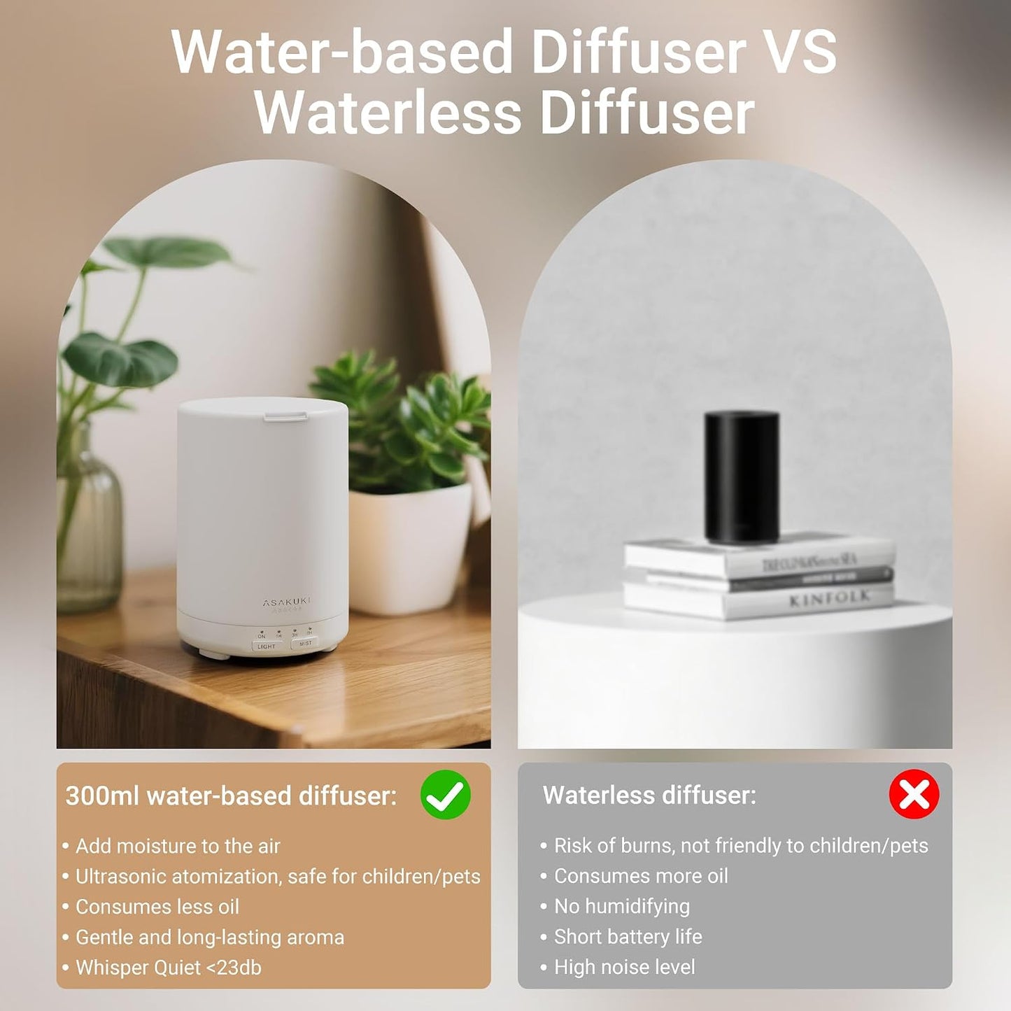 ASAKUKI Essential Oil Diffuser for Home 300 ml Quiet | Automatic Shut-Off, Aromatherapy Diffuser, 7 LED Lights for Living Room, Kitchen, Bedroom, Hotel - Light Brown