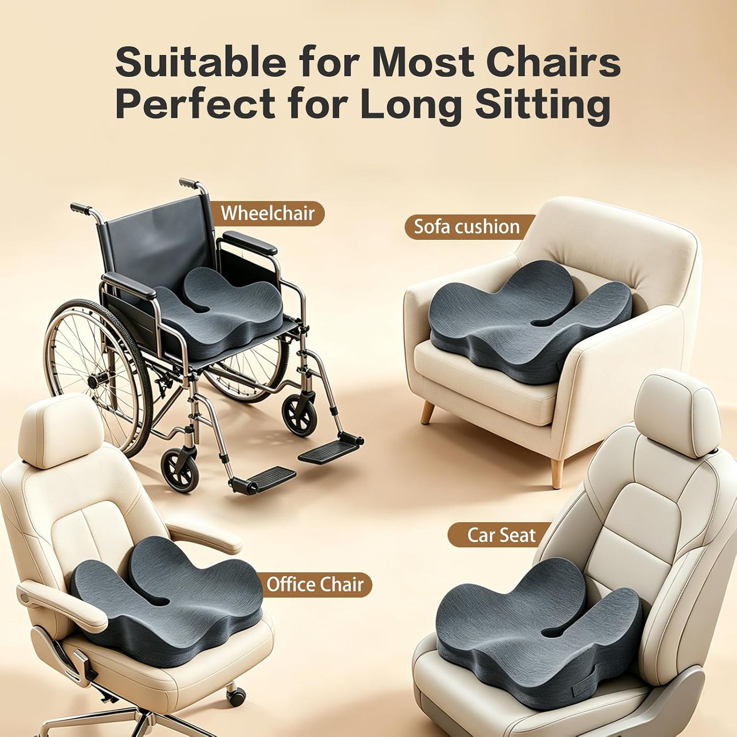 Memory Foam Seat Cushion for Sciatica & Tailbone Pain Relief – Comfort Support for Office Chair, Car Seat, Airplane, Long Sitting Workers & Drivers (Black)