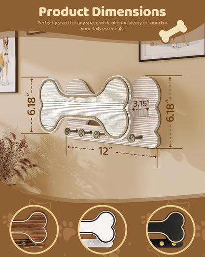 MTERSN Dog Leash Holder for Wall with Key Hooks for Dog Gear Storage, Brown | 3D Puppy Paw Hooks, Doggie Bone Shape, Key Rack with 5 Hooks, Wall Shelf for Treats & Dog Food, Ideal for Wall Decor