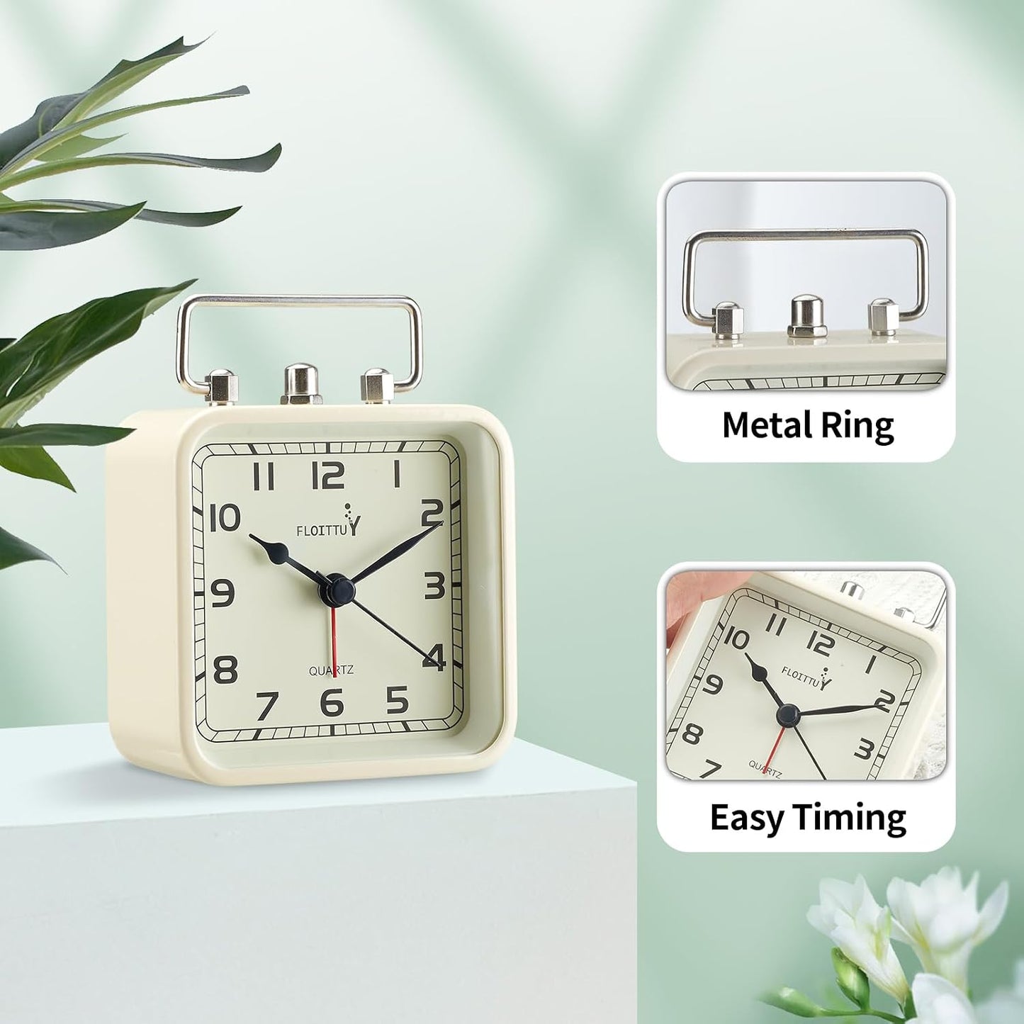FLOITTUY Square Metal Beep Alarm Clock Silent No Ticking, Snooze and Battery Operated, Night Light and Desk Clock for Bedroom/Travel/Kids, Easy Set(Green)