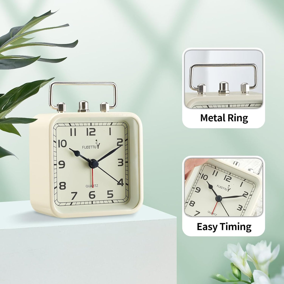 FLOITTUY Square Metal Beep Alarm Clock Silent No Ticking, Snooze and Battery Operated, Night Light and Desk Clock for Bedroom/Travel/Kids, Easy Set(Green)
