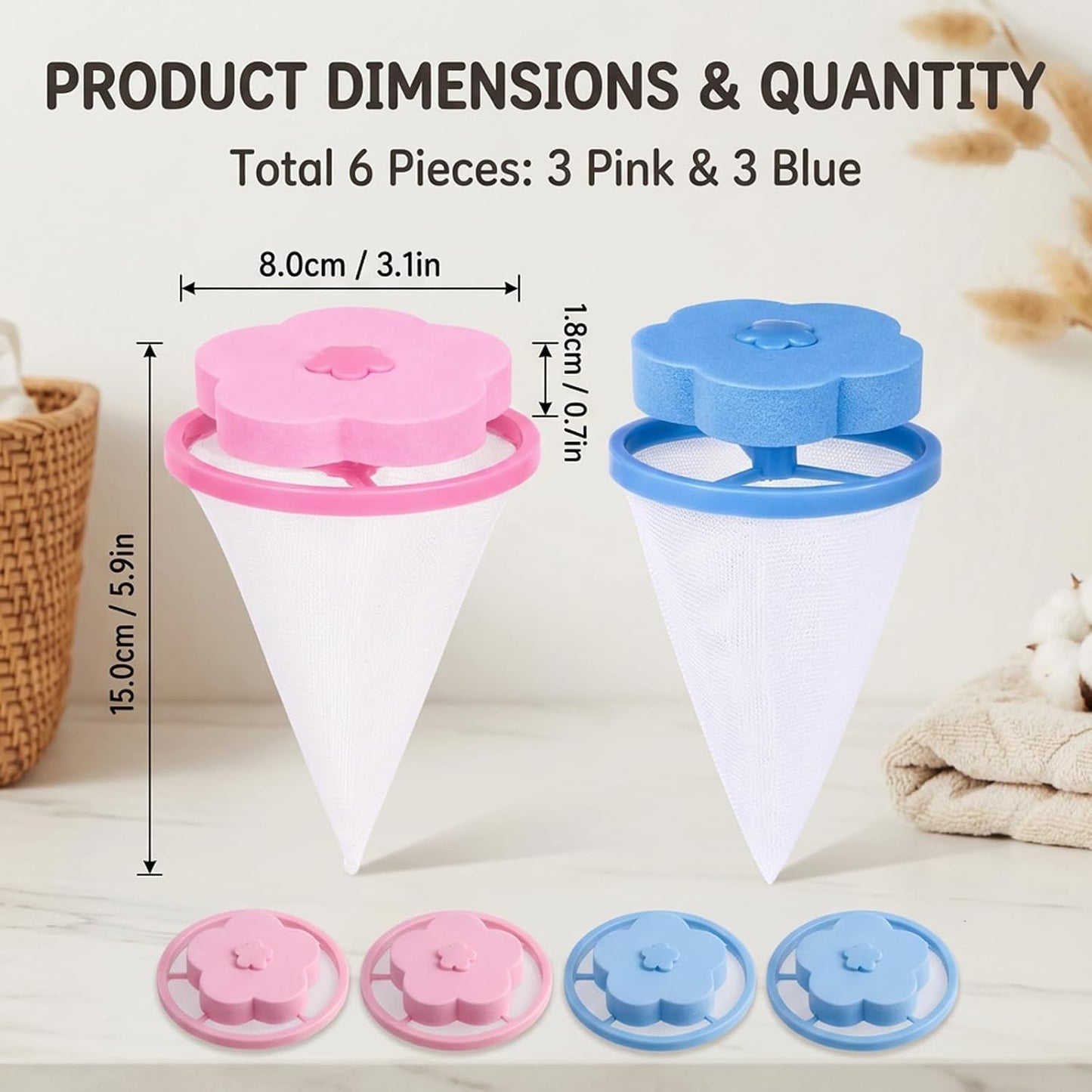 6 PCS Washer Lint Catcher, Pet Hair Remover for Laundry, Catcher for Washing Machine, Hair Catcher for Washing Machine, Laundry Hair Catcher, Pink and Blue, 8x8x1.8 cm