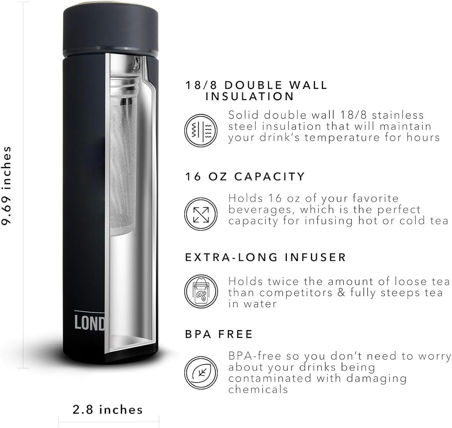 London Sip Multi-Purpose Tea Infuser Travel Mug and Tumbler Fruit Infuser Flask Hot and Cold Double Wall Stainless Steel Thermos with Extra-Long Infuser, Midnight Teal