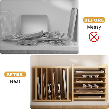 7 Tier Wooden Tray Dividers for Cabinets Cookie Sheet Organizer for Pot, Pans, Baking Tray Organizer for Kitchen Documents Storage(20" W x 16.5" H x 15.2" D)