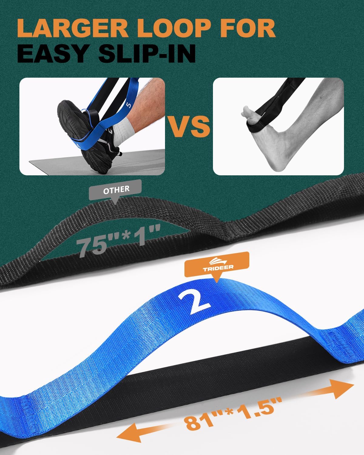 Trideer Non-Elastic Stretching Strap with Loops for Physical Therapy & Rehab, Knee Hip Leg ROM Post-Surgery, Yoga Strap for Stretching, Leg Lifter Strap Mobility Aid, Hamstring Calf Back