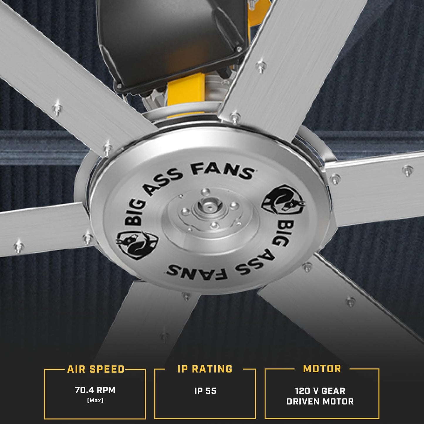Big Ass Fans - ShopFan, 14 ft. HVLS Industrial/Commercial Ceiling Fan, Yellow/Silver Aluminum, 120V/1ph, 2ft. Extension Tube, Variable Speed
