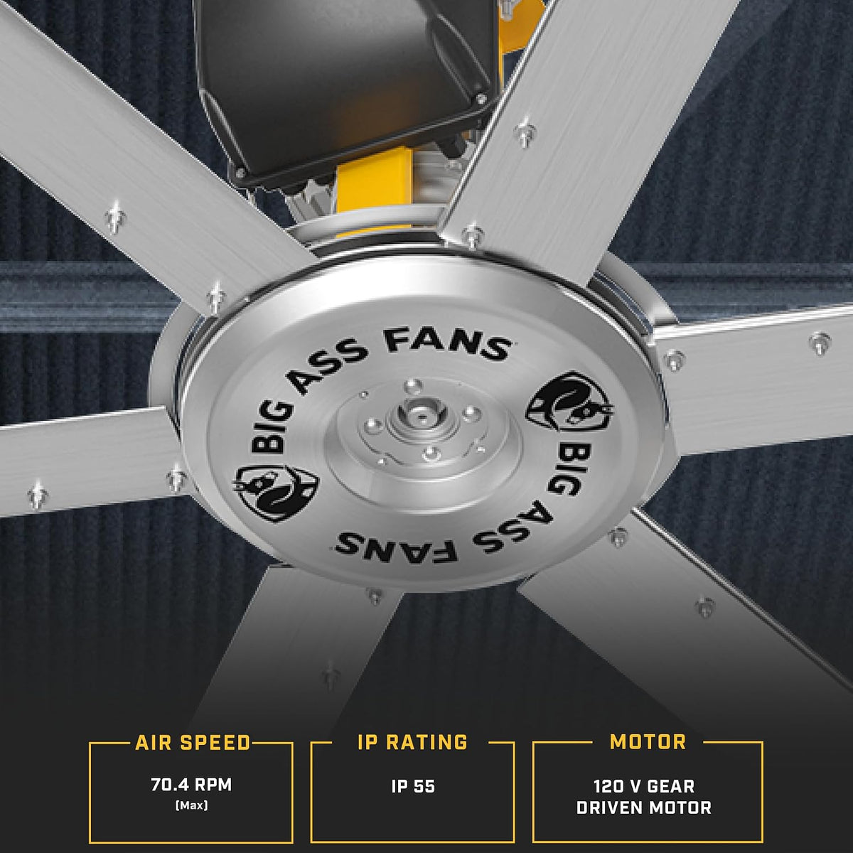 Big Ass Fans - ShopFan, 14 ft. HVLS Industrial/Commercial Ceiling Fan, Yellow/Silver Aluminum, 120V/1ph, 2ft. Extension Tube, Variable Speed