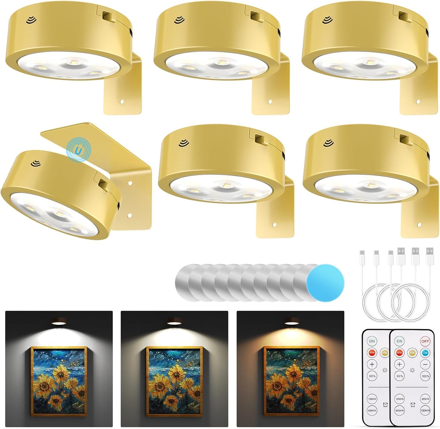 3 Pack Picture Lights for Wall, Rechargeable Battery Operated wall lights, Picture Frame lights with 3 Lighting Modes, Wireless Magnetic Painting Light with Remote Control Timer (White, 3 Pack)