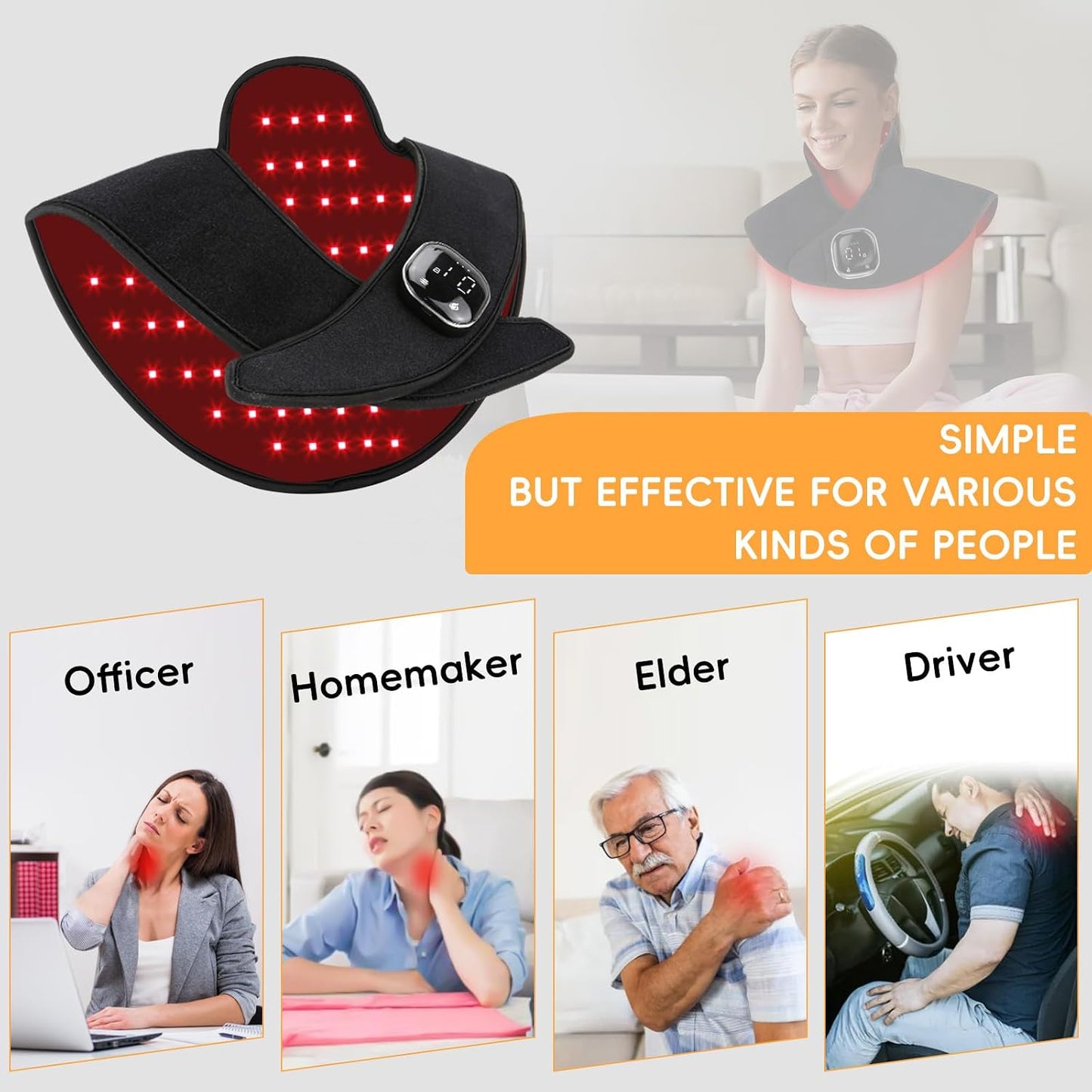 Cordless Red Light Therapy for Neck & Shoulders Pain Relief, 850nm Infra Device for Upper Back Muscle Relax with Timer, Rechargeable 660nm Wearable Heating Pad, for Women Men