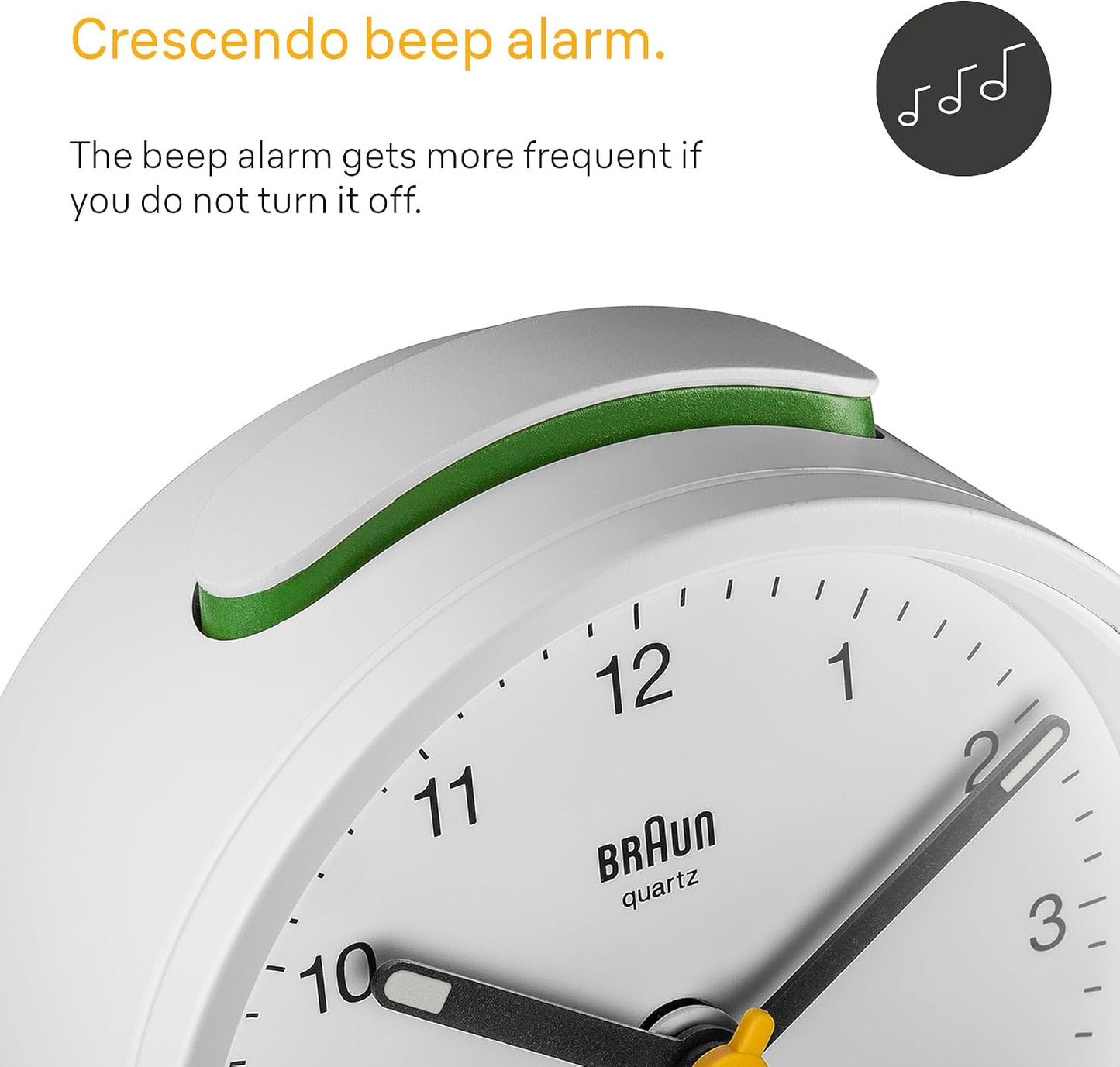 Braun Classic Analogue Alarm Clock with Snooze and Light, Quiet Quartz Movement, Crescendo Beep Alarm in White, Model BC12W.