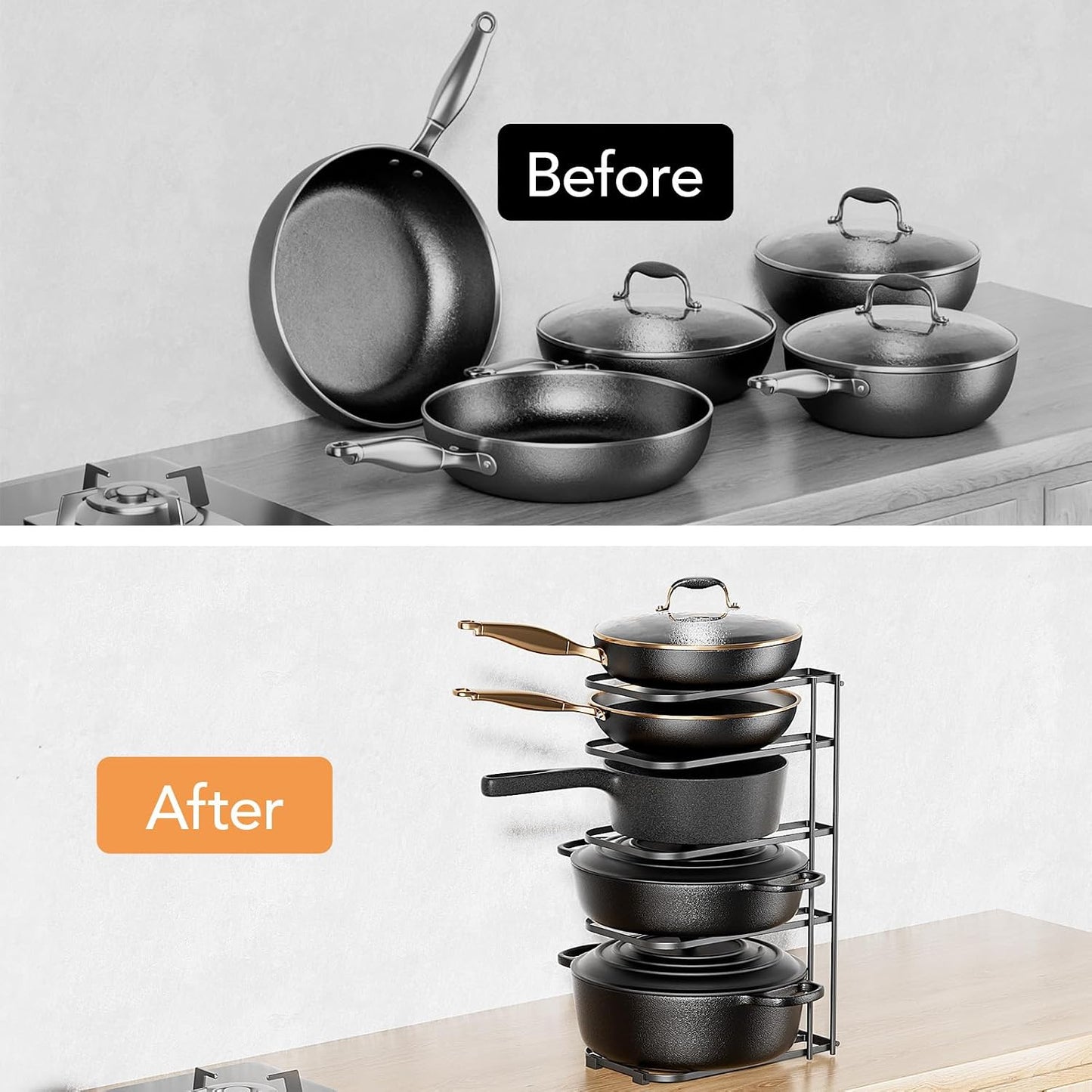 5-Tier Pot and Pan Organizer 13.6", No Assembly Cookware Rack 1-Pack | One-piece Design, Multi-height Layered,Anti-Tip Structure, Dual Vertical & Horizontal Use, Fits Cast Iron Pans & Dutch Ovens