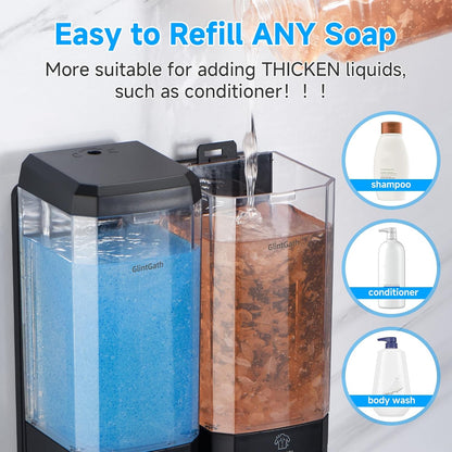 GlintGath Shower Dispenser 3 Chamber No Drill Wall Mounted Shampoo Conditioner Body Wash Dispenser, Large Capacity 1500ML, Black