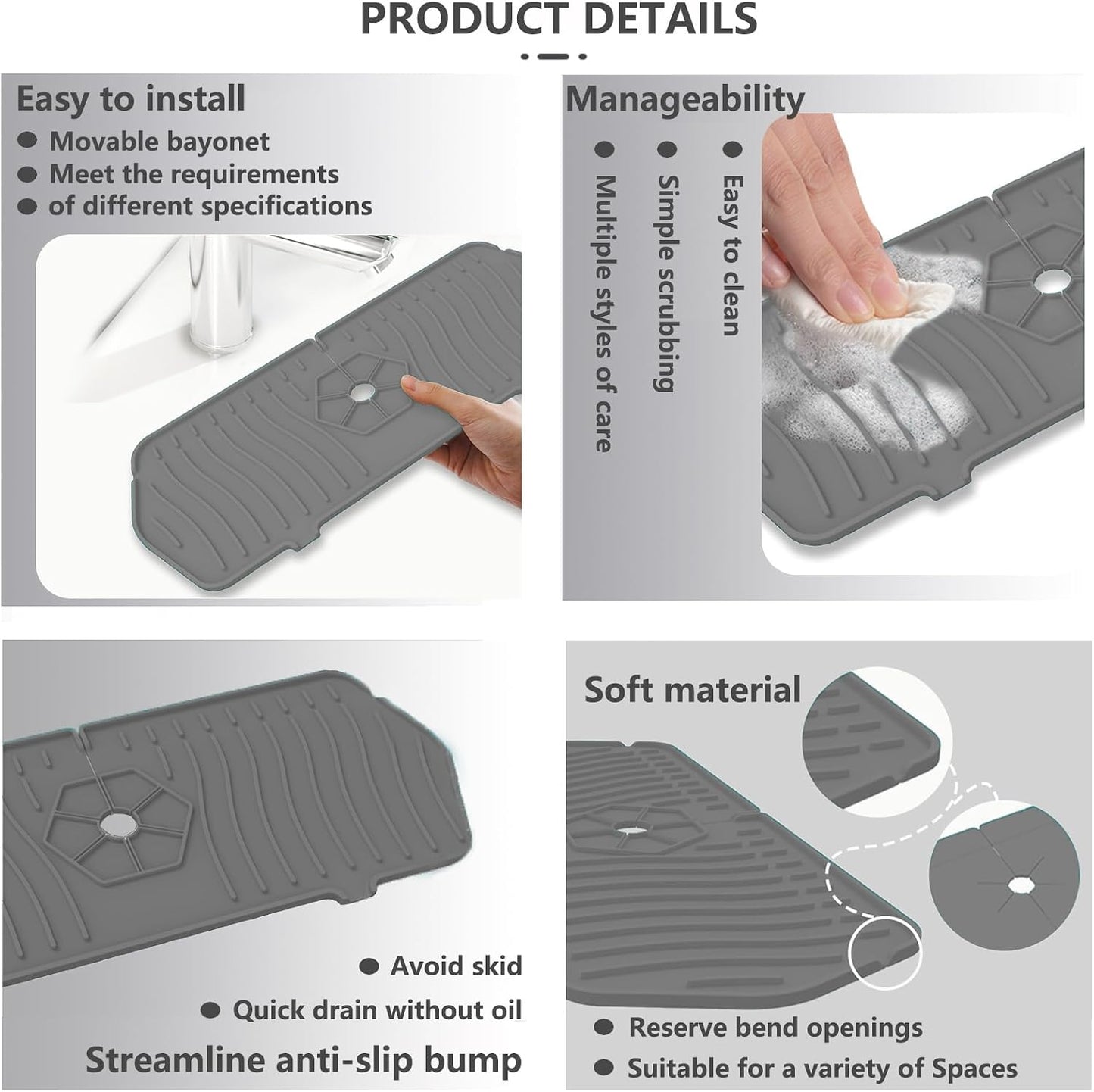 Kitchen Sink Splash Guard 29.7 X 5.7 In, Large Size Kitchen Sink Splash Guard, Silicone Sink Faucet Drying Mat, Faucet Mat Splash Catcher, Multipurpose For Kitchen Sink, Bathroom (Black)