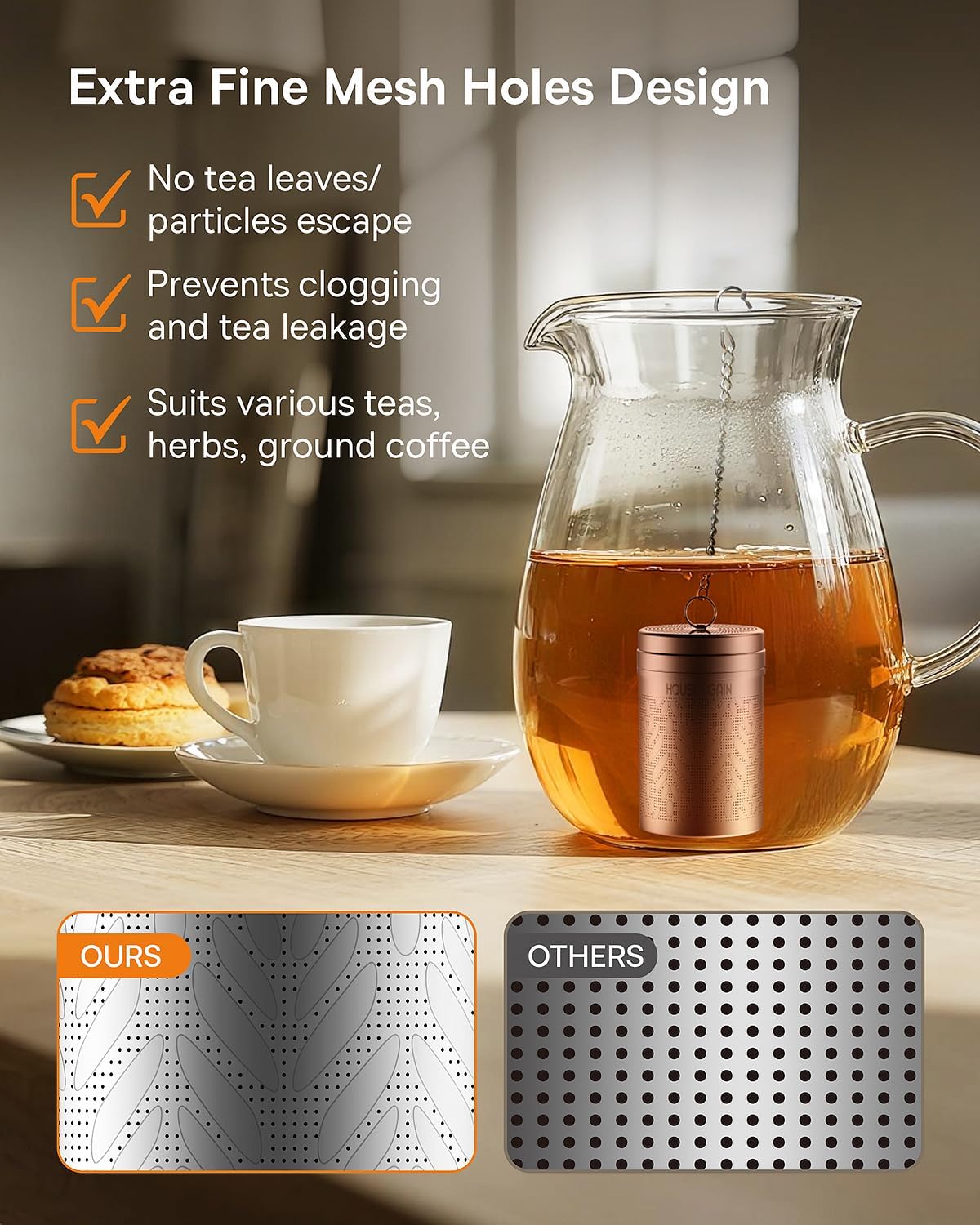 House Again 2 Pack Tea Infusers, Extra Fine Mesh Tea Strainers for Loose Tea, Updated Slim Threaded Lid & 304 Stainless Steel, Loose Leaf Tea Steeper for Brew Tea Spices & Seasonings