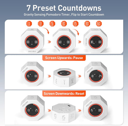 Secura Pomodoro Timer with 1/3/5/10/15/30/60 Min Presets, 3 Level Volume