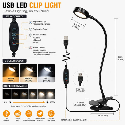 USB Clip-On Lamp, Eye Caring Dimmable Reading Light (Warm+Cool White, 8W) | Dimmable, Inline Switch, 1M Timer, USB 5V Port, 3000K+6000K, 81inch Long Cable, Flexible Gooseneck, Metal Head and Clip