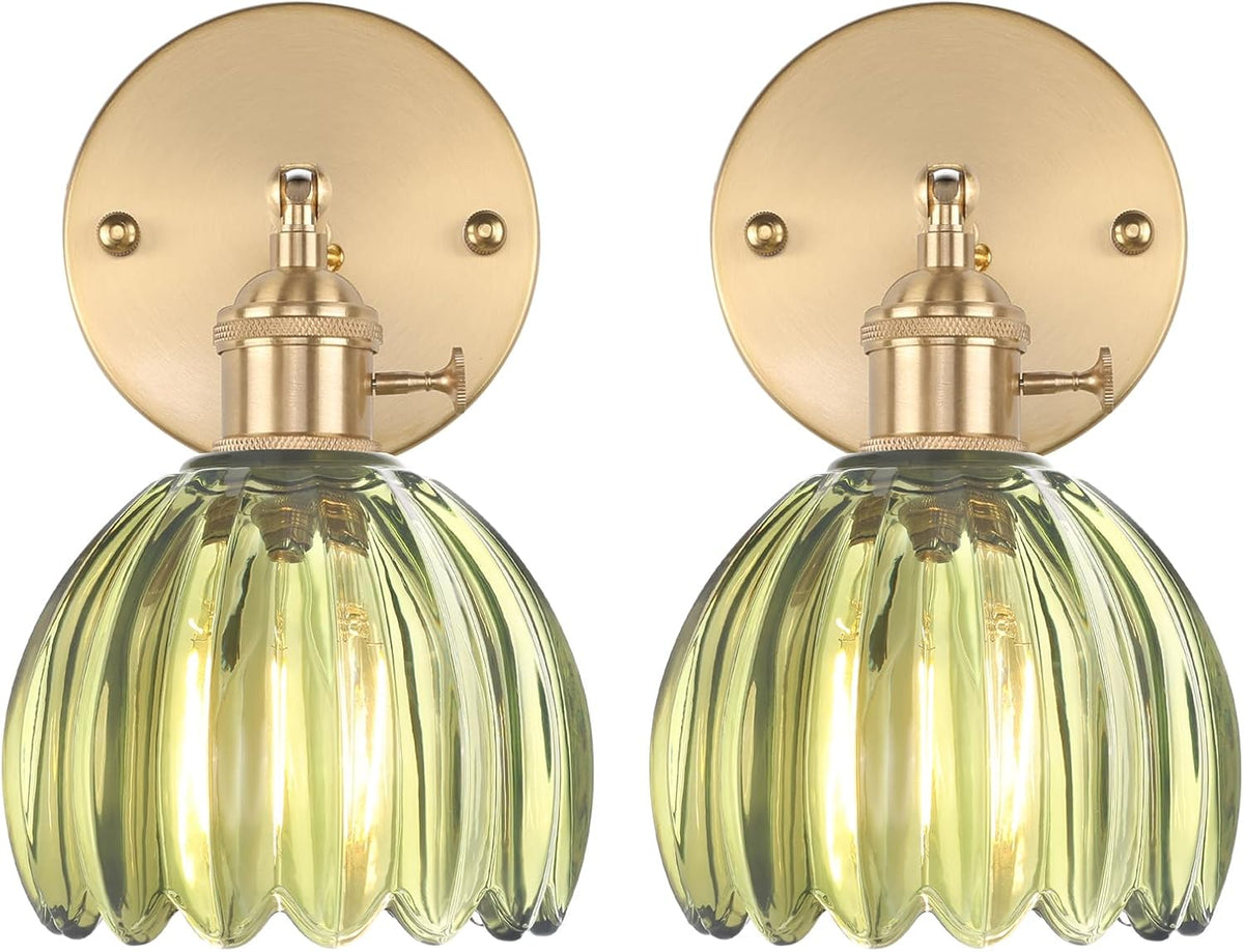 Shenmoyl Vintage Battery Operated Wall Sconce with Green Tulip Glass Lampshade Rechargeable Battery Powered Wall Light with Remote Control for Bedside Bedroom Doorway