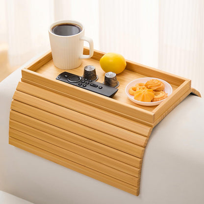 Bamboo Couch Arm Tray Table，Foldable Sofa Armrest Tray Table for Couch，Flexible and Anti-Slip Couch Arm Cup Holder，Portable Sofa Arm Chair Table for Drink,Cups, Eats，Snacks, Phone, Remote