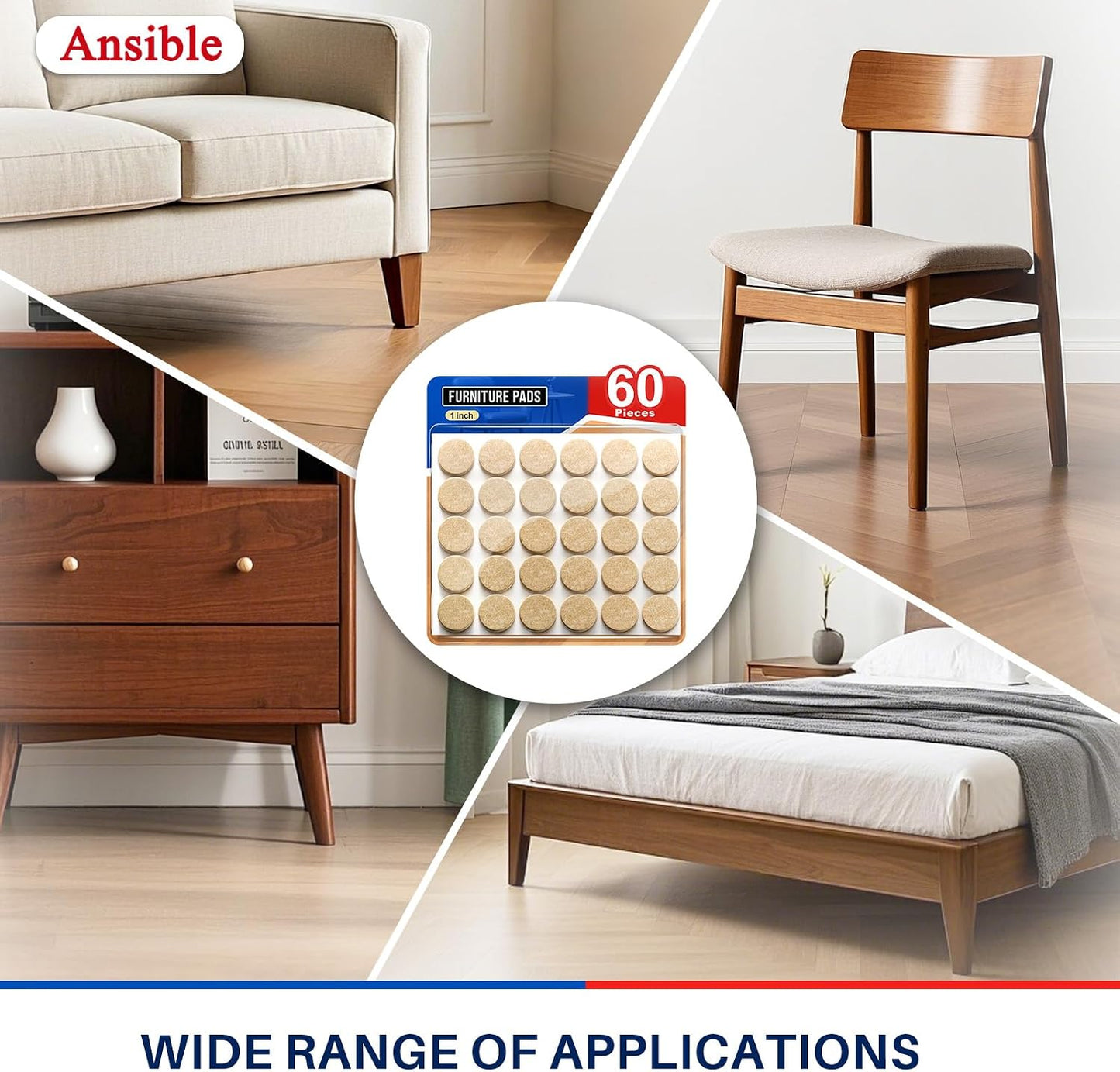 Ansible Felt Furniture Pads Chair Leg Floor Protectors 1" 60PCS | Felt Pads for Hardwood Floors,Self-Adhesive, Reduce Noise and Anti-Scratches,Easy to Install,Beige,Round