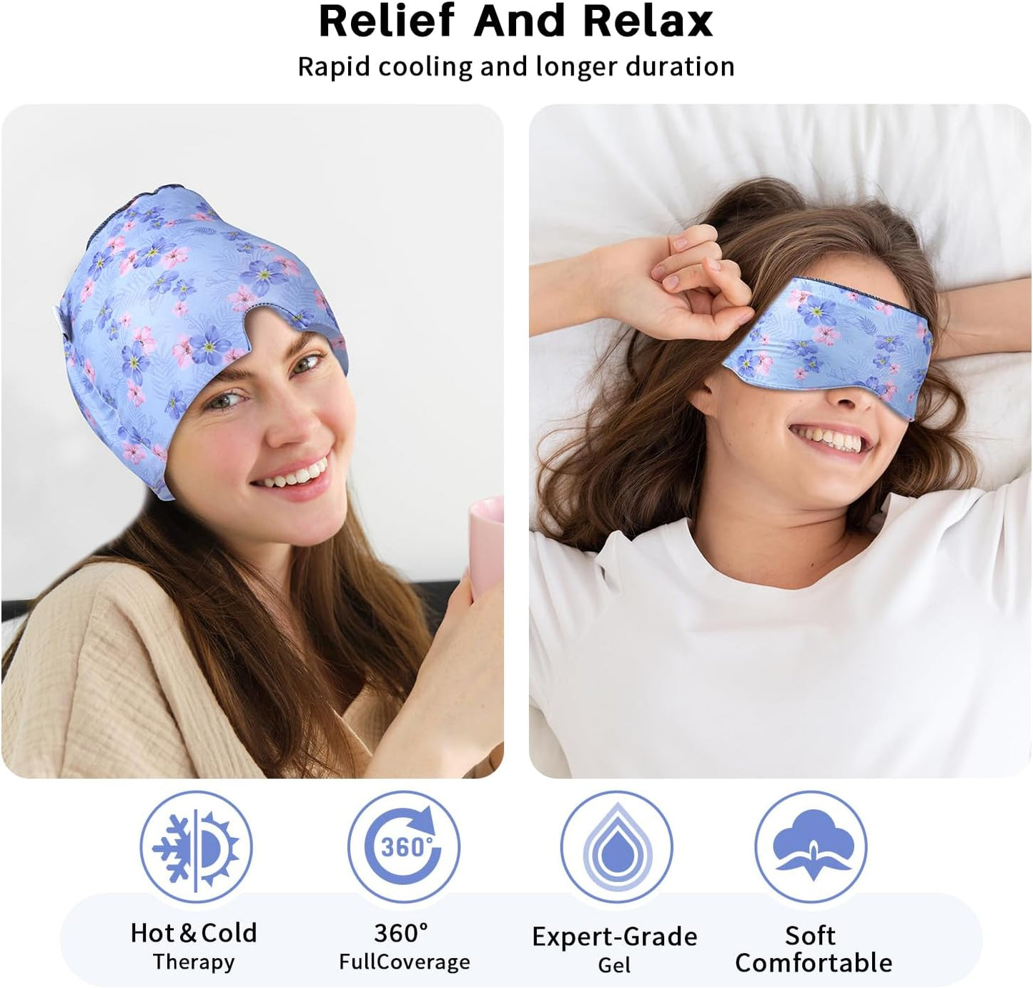 my novel things Migraine Relief Cap, Gel Cooling 2 Pack Set, Headache Relief with Hot/Cold Ice Cap, Instant Headache Relief, Reusable Ice Pack for Stress Sinus Relief Migraine Mask Gift for Women Man