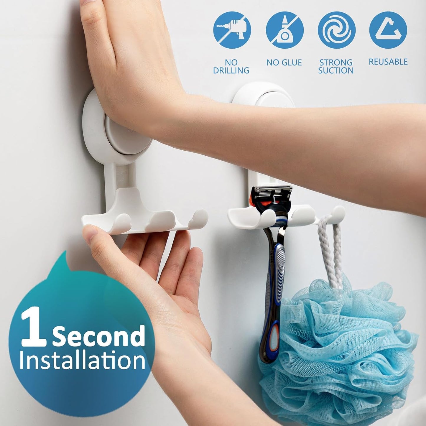 TAILI No Drill Powerful Suction Cup Razor Holder for Shower 2 Pack, Black | Waterproof, Towel, Loofah, Shaver Holder for Shower Wall, Powerful Suction Cup Hooks for Bathroom, Easy to Install and Reuse