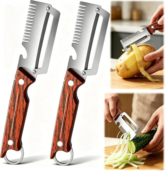 2-Pack Multifunctional Vegetable Peeler, 3 in 1 Kitchen Peeler with Wooden Handle, Bottle Opener & Storage Hanging Hole, for Fruits and Vegetables