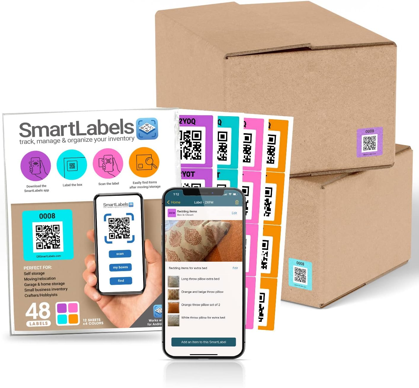 QR Code Stickers with AI Photo Analysis App - Auto-Creates Item Descriptions - No Typing - Made in USA - QR Code Labels for Storage & Inventory Tracking, Organization & Moving, Pack of 48