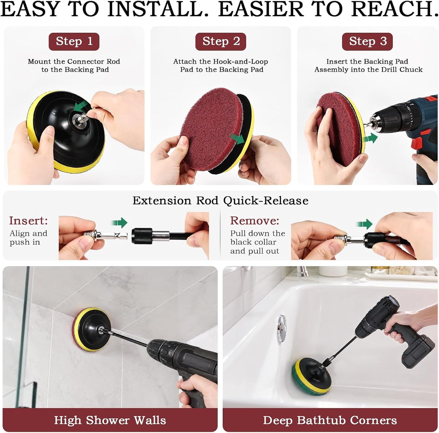 4 Inch 26 PCS Scouring Pads Drill Brush Power Scrubber Cleaning Kit | Hook and Loop Scrub Pads Drill Attachment with Accessories for Bathroom Scale Removal, Rust Removal, Metal & Tile Cleaning