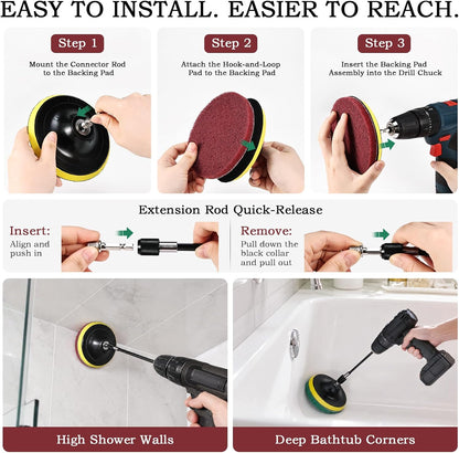 4 Inch 26 PCS Scouring Pads Drill Brush Power Scrubber Cleaning Kit | Hook and Loop Scrub Pads Drill Attachment with Accessories for Bathroom Scale Removal, Rust Removal, Metal & Tile Cleaning