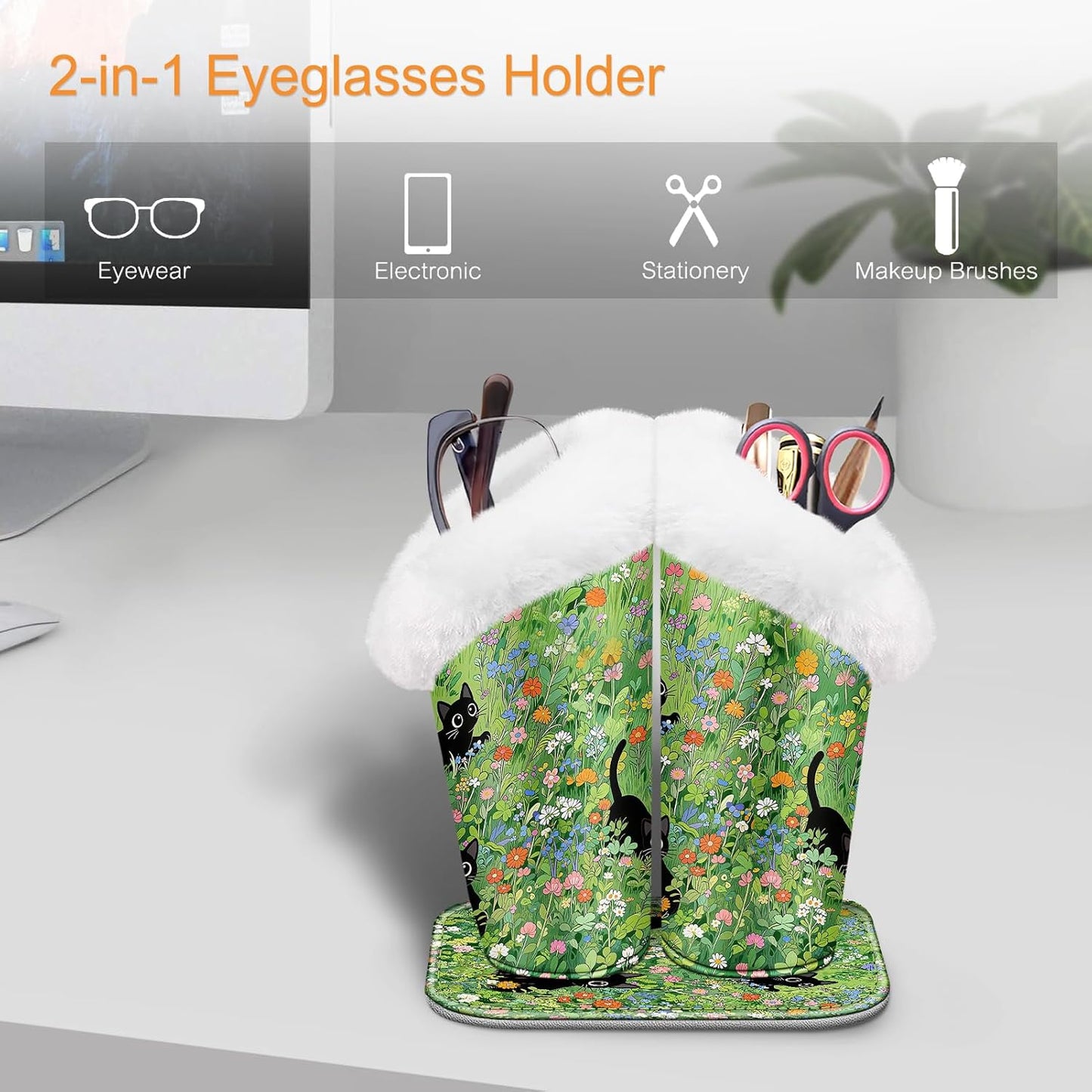 FINTIE Plush Lined Double Eyeglasses Holder with Magnetic Base for Desk | Soft Plush Lining, Glasses Stand Case For Nightstand / Bedside, Office Desktop Organizer, Small Item Storage