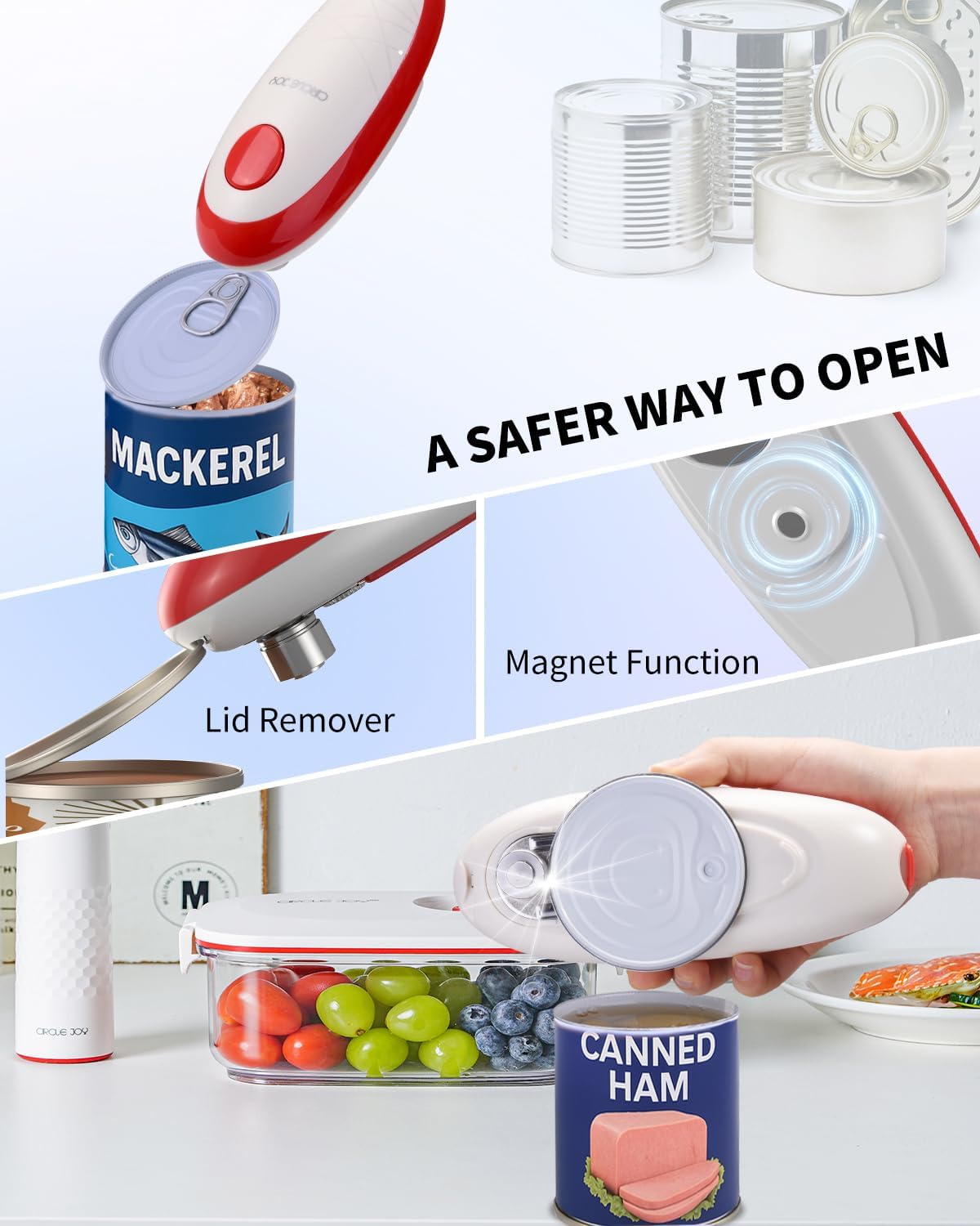 CIRCLE JOY Electric Can Opener, One-Touch Automatic Can Opening with Smooth Edges, Food Safety Handheld Battery-Operated Can Opener for Kitchen and Seniors, Blue