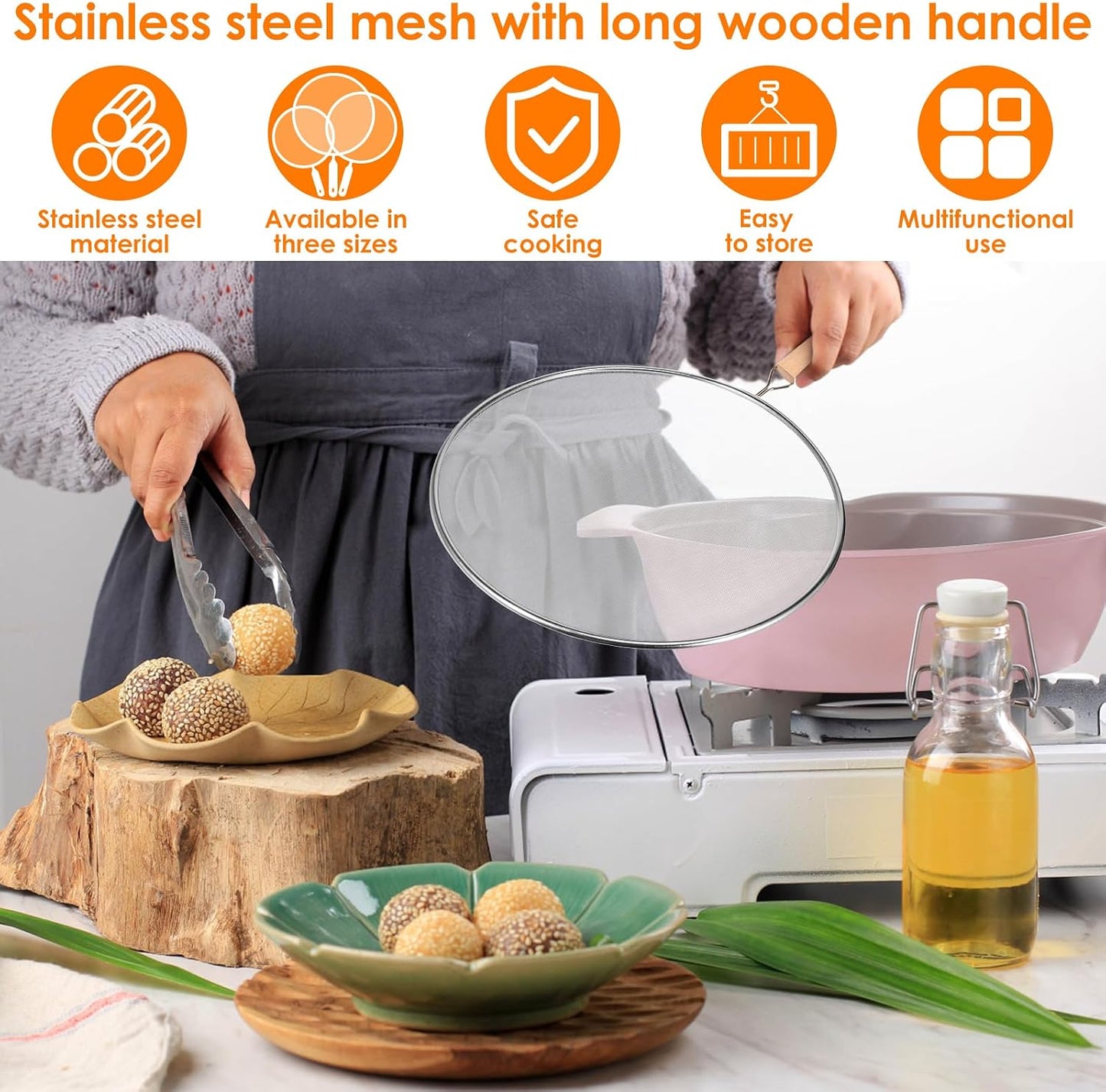 3 Pcs Splatter Screen for Frying Pan, Stainless Steel Fine Mesh Oil Splatter Guard, Splatter Guard with Wood Handle, Grease Splatter Guard for Cooking to Prevent Oil Splatter