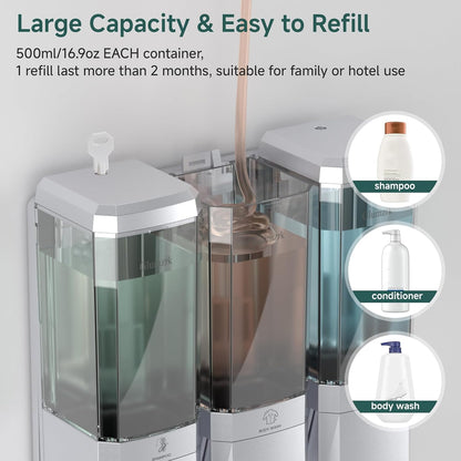 Shampoo and Conditioner Dispenser 3 Chamber No Drill Shower Soap Dispenser Wall Mounted Shampoo Conditioner Body Wash Dispenser 3 * 500ml Refillable Shower Dispenser for Bathroom Hotel, Silver